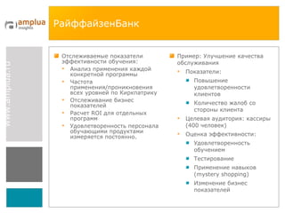 РайффайзенБанк Отслеживаемые показатели эффективности обучения:  Анализ применения каждой конкретной программы Частота применения/проникновения всех уровней по Киркпатрику Отслеживание бизнес показателей Расчет  ROI  для отдельных программ  Удовлетворенность персонала обучающими продуктами измеряется постоянно. Пример: Улучшение качества обслуживания  Показатели:  Повышение удовлетворенности клиентов  Количество жалоб со стороны клиента  Целевая аудитория: кассиры (400 человек) Оценка эффективности: Удовлетворенность обучением Тестирование  Применение навыков  (mystery shopping) Изменение бизнес показателей   