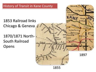 History of Transit in Kane County1853 Railroad links Chicago & Geneva1870/1871 North-South Railroad Opens18971855