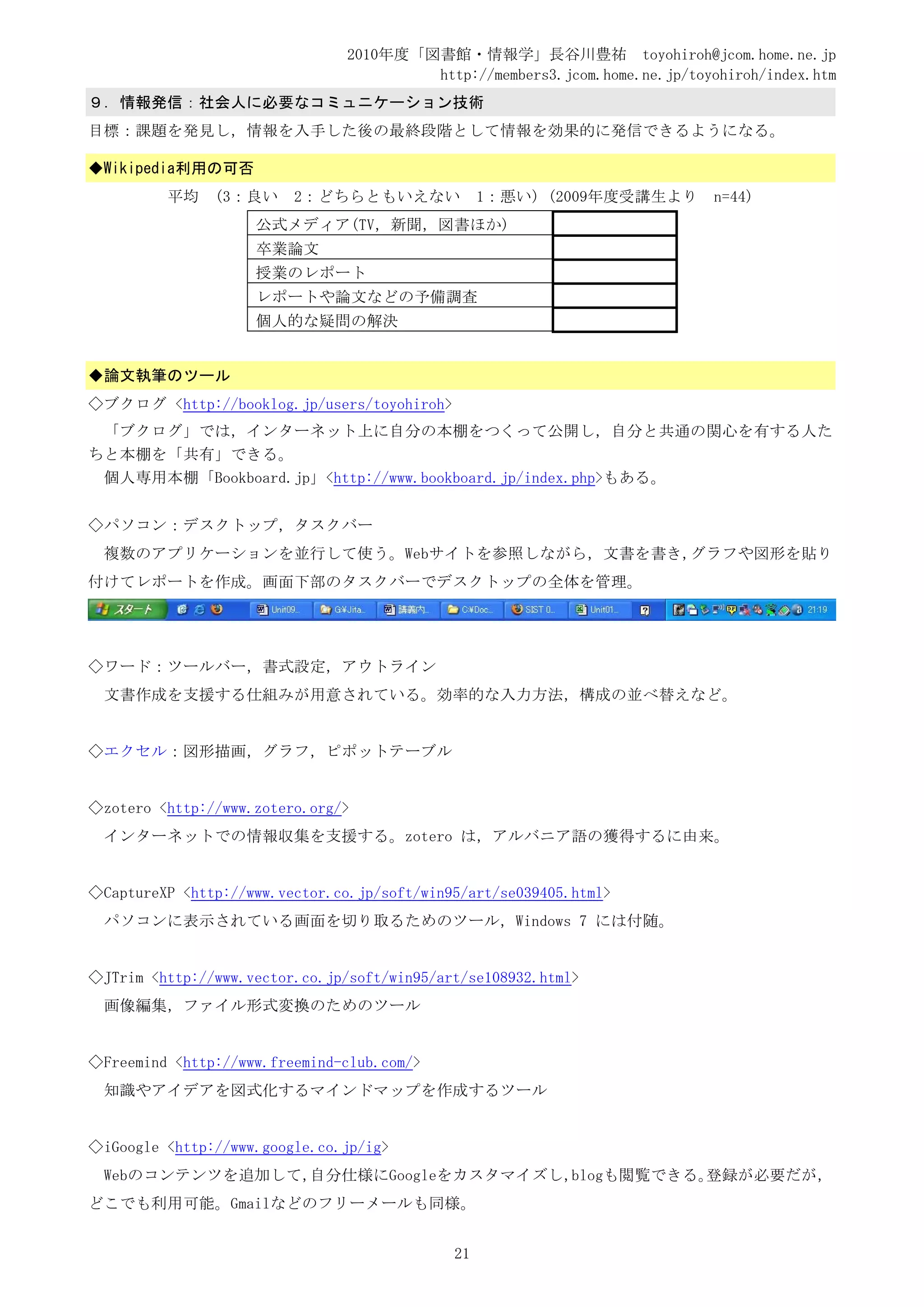 2010年度「図書館・情報学」長谷川豊祐 toyohiroh@jcom.home.ne.jp
                                        http://members3.jcom.home.ne.jp/toyohiroh/index.htm
９．情報発信：社会人に必要なコミュニケーション技術
目標：課題を発見し，情報を入手した後の最終段階として情報を効果的に発信できるようになる。

◆Wikipedia利用の可否
         平均    (3：良い     2：どちらともいえない              1：悪い) (2009年度受講生より        n=44)
                    公式メディア(TV，新聞，図書ほか)                          1.6
                    卒業論文                                        1.3
                    授業のレポート                                     1.5
                    レポートや論文などの予備調査                              2.5
                    個人的な疑問の解決                                   2.8


◆論文執筆のツール
◇ブクログ <http://booklog.jp/users/toyohiroh>
 「ブクログ」では，インターネット上に自分の本棚をつくって公開し，自分と共通の関心を有する人た
ちと本棚を「共有」できる。
 個人専用本棚「Bookboard.jp」<http://www.bookboard.jp/index.php>もある。


◇パソコン：デスクトップ，タスクバー
 複数のアプリケーションを並行して使う。Webサイトを参照しながら，文書を書き,グラフや図形を貼り
付けてレポートを作成。画面下部のタスクバーでデスクトップの全体を管理。




◇ワード：ツールバー，書式設定，アウトライン
 文書作成を支援する仕組みが用意されている。効率的な入力方法，構成の並べ替えなど。


◇エクセル：図形描画，グラフ，ピポットテーブル


◇zotero <http://www.zotero.org/>
 インターネットでの情報収集を支援する。zotero は，アルバニア語の獲得するに由来。


◇CaptureXP <http://www.vector.co.jp/soft/win95/art/se039405.html>
 パソコンに表示されている画面を切り取るためのツール，Windows 7 には付随。


◇JTrim <http://www.vector.co.jp/soft/win95/art/se108932.html>
 画像編集，ファイル形式変換のためのツール


◇Freemind <http://www.freemind-club.com/>
 知識やアイデアを図式化するマインドマップを作成するツール


◇iGoogle <http://www.google.co.jp/ig>
 Webのコンテンツを追加して，自分仕様にGoogleをカスタマイズし，blogも閲覧できる。登録が必要だが，
どこでも利用可能。Gmailなどのフリーメールも同様。


                                             21
 