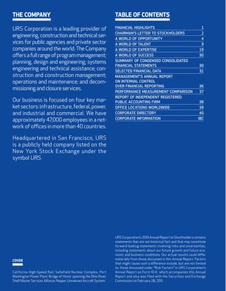 THE COMPANY                                                        TABLE OF CONTENTS                                                 CORPORATE INFORMATION

URS Corporation is a leading provider of                           FINANCIAL HIGHLIGHTS 	                                     1
                                                                                                                                     CORPORATE OFFICE                                                                 ANNUAL MEETING
                                                                   CHAIRMAN’S LETTER TO STOCKHOLDERS 	                        2
engineering, construction and technical ser-                                                                                         600 Montgomery Street, 26th Floor                                                The Annual Meeting of Stockholders of URS Corporation will be
                                                                   A WORLD OF OPPORTUNITY	                                    4
vices for public agencies and private sector                       A WORLD OF TALENT	                                         9
                                                                                                                                     San Francisco, CA 94111-2728
                                                                                                                                     Tel: 415.774.2700
                                                                                                                                                                                                                      held at 9:00 A.M. on Thursday, May 26, 2011, at the ofﬁces of Cooley
                                                                                                                                                                                                                      LLP, 101 California Street, 5th Floor, San Francisco, California.
companies around the world. The Company                            A WORLD OF EXPERTISE	                                     19      Fax: 415.398.1905
                                                                                                                                     E-mail: investor.relations@urs.com                                               STOCK LISTING
offers a full range of program management;                         A WORLD OF SUCCESS	                                       30
                                                                                                                                     Web site: www.urs.com
                                                                                                                                                                                                                      The shares of our common stock are listed on the New York
planning, design and engineering; systems                          SUMMARY OF CONDENSED CONSOLIDATED
                                                                                                                                                                                                                      Stock Exchange under the symbol URS. As of April 4, 2011, we had
                                                                   FINANCIAL STATEMENTS	                                     30      INDEPENDENT REGISTERED PUBLIC ACCOUNTING FIRM
engineering and technical assistance; con-                         SELECTED FINANCIAL DATA	                                  31      PricewaterhouseCoopers LLP
                                                                                                                                                                                                                      approximately 3,100 stockholders of record. The following table
                                                                                                                                                                                                                      sets forth the low and high sale prices of our common stock, as
struction and construction management;                             MANAGEMENT’S ANNUAL REPORT                                                                                                                         reported by The Wall Street Journal, for the periods indicated.
                                                                                                                                     REGISTRAR AND TRANSFER AGENT
operations and maintenance; and decom-                             ON INTERNAL CONTROL
                                                                   OVER FINANCIAL REPORTING	                                 36      BNY Mellon Shareowner Services
missioning and closure services.                                                                                                     P.O. Box 358015
                                                                   PERFORMANCE MEASUREMENT COMPARISON	                       37                                                                                       	                                                            Market Price
                                                                                                                                     Pittsburgh, PA 15252-8015                                                        					                                                      Low 	       High
                                                                   REPORT OF INDEPENDENT REGISTERED
Our business is focused on four key mar-                           PUBLIC ACCOUNTING FIRM	                                   38
                                                                                                                                     or
                                                                                                                                     480 Washington Boulevard                                                             FISCAL PERIOD:
ket sectors: infrastructure, federal, power,                       OFFICE LOCATIONS WORLDWIDE	                               39      Jersey City, NJ 07310-1900                                                       2009:
                                                                                                                                     800.874.1991
and industrial and commercial. We have                             CORPORATE DIRECTORY	                                      40                                                                                       First Quarter 	                                         $27.66 	       $44.80
                                                                                                                                                                                                                      Second Quarter 	                                         $38.67 	      $53.12
approximately 47,000 employees in a net-                           CORPORATE INFORMATION	                                   IBC      TDD for Hearing Impaired: 800.231.5469
                                                                                                                                                                                                                      Third Quarter 	                                           $41.05 	     $51.58
                                                                                                                                     Foreign Stockholders: 201.680.6578
work of offices in more than 40 countries.                                                                                           TDD for Foreign Stockholders: 201.680.6610
                                                                                                                                                                                                                      Fourth Quarter 	
                                                                                                                                                                                                                      2010:
                                                                                                                                                                                                                                                                                  $38.03 	    $45.83
                                                                                                                                     www.bnymellon.com/shareowner/equityaccess
                                                                                                                                                                                                                      First Quarter 	                                         $42.67	         $50.47
Headquartered in San Francisco, URS                                                                                                  CORPORATE COUNSEL                                                                Second Quarter	                                         $37.49	         $53.25
                                                                                                                                                                                                                      Third Quarter	                                          $35.09	         $43.26
is a publicly held company listed on the                                                                                             Cooley LLP                                                                       Fourth Quarter	                                         $37.65	         $43.92
New York Stock Exchange under the                                                                                                    FORM 10-K
                                                                                                                                                                                                                      2011:
                                                                                                                                                                                                                      First Quarter	                                          $39.61	         $48.32
symbol URS.                                                                                                                          Copies of our Annual Report on Form 10-K for the ﬁscal year ended
                                                                                                                                     December 31, 2010, as ﬁled with the Securities and Exchange
                                                                                                                                     Commission, may be obtained by our stockholders without                          We have not paid cash dividends since 1986, and, at the present
                                                                                                                                     charge. Requests should be sent to Sreeram (Sam) Ramraj in our                   time, we do not anticipate paying dividends on our outstanding
                                                                                                                                     Investor Relations Department at our corporate office address                    common stock in the near future. In addition, we are precluded
                                                                                                                                     (above), via e-mail at investor.relations@urs.com, or by calling                 by provisions in our 2007 Credit Facility from paying cash divi-
                                                                                                                                     877.877.8970. The Form 10-K also can be accessed on our Web                      dends on our outstanding common stock until our Consolidated
                                                                                                                                     site at www.urs.com.                                                             Leverage Ratio 1 is equal to or less than 1.00:1.00. Please refer to
                                                                                                                                                                                                                      Note 9, “Indebtedness” and Note 14, “Stockholders’ Equity”
                                                                                                                                     Supplementary financial information and selected financial                       to our “Consolidated Financial Statements and Supplementary
                                                                                                                                     data required by Rule 14a-3(b) of Regulation 14A of the Securities               Data,” included in our Annual Report on Form 10-K for the fiscal
                                                                                                                                     Exchange Act of 1934, as amended, is included in our Annual                      year ended December 31, 2010.
                                                                                                                                     Report on Form 10-K for the fiscal year ended December 31,
                                                                                                                                     2010, which accompanies this Annual Report to Stockholders.

                                                                                                                                                                                                                      1
                                                                                                                                                                                                                      	Consolidated Leverage Ratio is as defined in Note 9, “Indebtedness” to our
                                                                                                                                                                                                                        “Consolidated Financial Statements and Supplementary Data” included in
                                                                                                                                                                                                                        our Annual Report on Form 10-K for the fiscal year ended December 31, 2010.

                                                                   URS Corporation’s 2010 Annual Report to Stockholders contains
                                                                   statements that are not historical fact and that may constitute
                                                                   forward-looking statements involving risks and uncertainties,
                                                                                                                                     © URS Corporation 2011                                                           Design and illustration:
                                                                   including statements about our future growth and future eco-      Unless otherwise indicated, all trademarks appearing in this Annual Report are   OTTO NY ottony.com
                                                                   nomic and business conditions. Our actual results could differ    owned by URS Corporation and its affiliates.
                                                                                                                                                                                                                      Photo credits:
COVER                                                              materially from those discussed in this Annual Report. Factors                                                                                     Pages 10-18, photos by John Madere; Page 20, top left photo by Bob Hughes, top
                                                                                                                                                                                                                      middle, top right and large photos courtesy of the U.S. Department of Defense;
                                                                   that might cause such a difference include, but are not limited                                                                                    Page 22, top middle photo courtesy of California High-Speed Rail Authority/
                                                                   to, those discussed under “Risk Factors” in URS Corporation’s                                                                                      NC3D, large photo by David Nightingale; Page 24, photos courtesy of Photographic
California High-Speed Rail; Sellafield Nuclear Complex; Port       Annual Report on Form  10-K, which accompanies this Annual                                                                                         Services, Shell International Ltd.; Page 26, top left photo by Tim Shaw, large photo
                                                                                                                                                                                                                      by David Lawrence; Page 28, top right photo and large photo by David Lawrence.
Washington Power Plant; Bridge of Honor spanning the Ohio River;   Report and also was filed with the Securities and Exchange
Shell Master Services Alliance; Reaper Unmanned Aircraft System.   Commission on February 28, 2011.
 