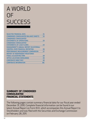 A World
     of
     Success
     Selected Financial Data 	                 31
     Condensed Consolidated Balance Sheets 	   32
     Condensed Consolidated
     Statements of Operations 	                33
     Condensed Consolidated
     Statements of Cash Flows	                 34
     Management’s Annual Report on Internal
     Control Over Financial Reporting	         36
     Performance Measurement Comparison	       37
     Report of Independent Registered
     Public Accounting Firm	                    38
     Office Locations Worldwide	                39
     Corporate Directory	                       40
     Corporate Information	                    IBC




     Summary of Condensed
     Consolidated
     Financial Statements

     The following pages contain summary financial data for our fiscal year ended
     December 31, 2010. Complete financial information can be found in our
     latest Annual Report on Form 10-K, which accompanies this Annual Report to
     Stockholders and was filed with the Securities and Exchange Commission
     on February 28, 2011.
30
 