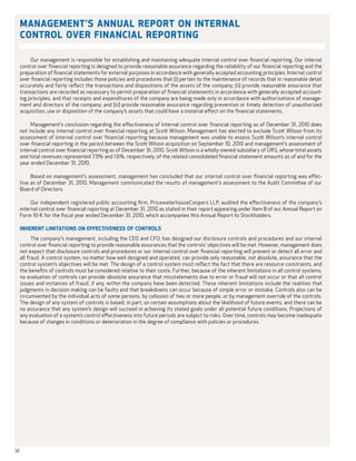 Management’s Annual Report on Internal
     Control over Financial Reporting

          Our management is responsible for establishing and maintaining adequate internal control over financial reporting.  Our internal
     control over financial reporting is designed to provide reasonable assurance regarding the reliability of our financial reporting and the
     preparation of financial statements for external purposes in accordance with generally accepted accounting principles. Internal control
     over financial reporting includes those policies and procedures that (i) pertain to the maintenance of records that in reasonable detail
     accurately and fairly reflect the transactions and dispositions of the assets of the company; (ii) provide reasonable assurance that
     transactions are recorded as necessary to permit preparation of financial statements in accordance with generally accepted account-
     ing principles, and that receipts and expenditures of the company are being made only in accordance with authorizations of manage-
     ment and directors of the company; and (iii) provide reasonable assurance regarding prevention or timely detection of unauthorized
     acquisition, use or disposition of the company’s assets that could have a material effect on the financial statements. 

          Management’s conclusion regarding the effectiveness of internal control over financial reporting as of December 31, 2010 does
     not include any internal control over financial reporting at Scott Wilson.  Management has elected to exclude Scott Wilson from its
     assessment of internal control over financial reporting because management was unable to assess Scott Wilson’s internal control
     over financial reporting in the period between the Scott Wilson acquisition on September 10, 2010 and management’s assessment of
     internal control over financial reporting as of December 31, 2010. Scott Wilson is a wholly-owned subsidiary of URS, whose total assets
     and total revenues represented 7.9% and 1.6%, respectively, of the related consolidated financial statement amounts as of and for the
     year ended December 31, 2010.

          Based on management’s assessment, management has concluded that our internal control over financial reporting was effec-
     tive as of December 31, 2010. Management communicated the results of management’s assessment to the Audit Committee of our
     Board of Directors.

          Our independent registered public accounting firm, PricewaterhouseCoopers LLP, audited the effectiveness of the company’s
     internal control over financial reporting at December 31, 2010 as stated in their report appearing under Item 8 of our Annual Report on
     Form 10-K for the fiscal year ended December 31, 2010, which accompanies this Annual Report to Stockholders.

     Inherent Limitations on Effectiveness of Controls
           The company’s management, including the CEO and CFO, has designed our disclosure controls and procedures and our internal
     control over financial reporting to provide reasonable assurances that the controls’ objectives will be met. However, management does
     not expect that disclosure controls and procedures or our internal control over financial reporting will prevent or detect all error and
     all fraud.  A control system, no matter how well designed and operated, can provide only reasonable, not absolute, assurance that the
     control system’s objectives will be met. The design of a control system must reflect the fact that there are resource constraints, and
     the benefits of controls must be considered relative to their costs. Further, because of the inherent limitations in all control systems,
     no evaluation of controls can provide absolute assurance that misstatements due to error or fraud will not occur or that all control
     issues and instances of fraud, if any, within the company have been detected. These inherent limitations include the realities that
     judgments in decision making can be faulty and that breakdowns can occur because of simple error or mistake.  Controls also can be
     circumvented by the individual acts of some persons, by collusion of two or more people, or by management override of the controls.
     The design of any system of controls is based, in part, on certain assumptions about the likelihood of future events, and there can be
     no assurance that any system’s design will succeed in achieving its stated goals under all potential future conditions.  Projections of
     any evaluation of a system’s control effectiveness into future periods are subject to risks. Over time, controls may become inadequate
     because of changes in conditions or deterioration in the degree of compliance with policies or procedures.




36
 