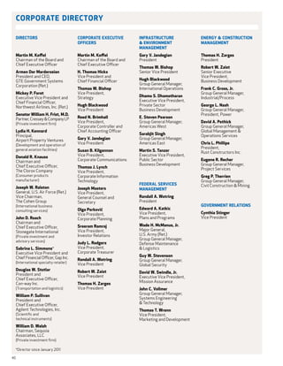 Corporate Directory

     Directors                             Corporate Executive           Infrastructure                Energy  Construction
                                           Officers                       Environment                 Management
                                                                         Management
     Martin M. Koffel                     Martin M. Koffel             Gary V. Jandegian            Thomas H. Zarges
      Chairman of the Board and             hairman of the Board and
                                            C                              resident
                                                                          P                             resident
                                                                                                       P
       Chief Executive Officer              Chief Executive Officer
                                                                         Thomas W. Bishop             Robert W. Zaist
     Armen Der Marderosian                H . Thomas Hicks               enior Vice President
                                                                          S                              enior Executive
                                                                                                        S
     President and CEO,                    ice President and
                                           V                                                            Vice President,
      GTE Government Systems               Chief Financial Officer       Hugh Blackwood                Business Development
      Corporation (Ret.)                                                   roup General Manager,
                                                                          G
                                           Thomas W. Bishop              International Operations     Frank C. Gross, Jr.
     Mickey P. Foret                        ice President,
                                            V                                                            roup General Manager,
                                                                                                        G
      E xecutive Vice President and        Strategy                     Dhamo S. Dhamotharan          Industrial/Process
      Chief Financial Officer,                                             xecutive Vice President,
                                                                          E
      Northwest Airlines, Inc. (Ret.)      Hugh Blackwood               Private Sector                George L. Nash
                                             ice President
                                            V                            Business Development            roup General Manager,
                                                                                                        G
     Senator William H. Frist, M.D.                                                                    President, Power
      Partner, Cressey  Company LP       Reed N. Brimhall             E . Steven Pearson
       
     (Private investment firm)               ice President,
                                            V                              roup General Manager,
                                                                          G                            David A. Pethick
                                            Corporate Controller and      Americas West                  roup General Manager,
                                                                                                        G
       Lydia H. Kennard                    Chief Accounting Officer                                    Global Management 
     Principal,                                                         Sarabjit Singh                Operations Services
      Airport Property Ventures            Gary V. Jandegian              roup General Manager,
                                                                          G
      (Development and operation of         ice President
                                            V                             Americas East                Chris L. Phillips
     general aviation facilities)                                                                        resident,
                                                                                                        P
                                           Susan B. Kilgannon           Martin S. Tanzer             Rust Constructors Inc.
     Donald R. Knauss                       ice President,
                                            V                              xecutive Vice President,
                                                                          E
      Chairman and                         Corporate Communications     Public Sector                 Eugene R. Recher
       Chief Executive Officer,                                          Business Development            roup General Manager,
                                                                                                        G
                                           Thomas J. Lynch                                             Project Services
       The Clorox Company                   ice President,
                                           V
       
       (Consumer products                  Corporate Information                                       Greg P. Therrien
     manufacturer)                         Technology                                                    roup General Manager,
                                                                                                        G
                                                                         Federal Services               Civil Construction  Mining
     Joseph W. Ralston                    Joseph Masters               Management
      General, U.S. Air Force (Ret.)        ice President,
                                            V
       Vice Chairman,                       General Counsel and          Randall A. Wotring
       The Cohen Group                      Secretary                      resident
                                                                          P
       
       (International business                                                                         Government Relations
     consulting services)                  Olga Perkovi´c               Edward A. Katkic
                                             ice President,
                                            V                              ice President,
                                                                          V                            Cynthia Stinger
     John D. Roach                         Corporate Planning           Plans and Programs              ice President
                                                                                                        V
      Chairman and
       Chief Executive Officer,            Sreeram Ramraj               Wade H. McManus, Jr.
       Stonegate International               ice President,
                                            V                             ajor General,
                                                                         M
       
       (Private investment and              Investor Relations           U.S. Army (Ret.)
     advisory services)
                                                                         Group General Manager,
                                           Judy L. Rodgers              Defense Maintenance
      Sabrina L. Simmons*                   ice President,
                                            V                             Logistics
       E xecutive Vice President and       Corporate Treasurer
     Chief Financial Officer, Gap Inc.                                   Guy W. Stevenson
                                           Randall A. Wotring             roup General Manager,
                                                                          G
     (International specialty retailer)     ice President
                                            V                             Global Security
     Douglas W. Stotlar                   Robert W. Zaist
      President and                                                     David W. Swindle, Jr.
                                           Vice President                  xecutive Vice President,
                                                                          E
       Chief Executive Officer,
       Con-way Inc.                        Thomas H. Zarges             Mission Assurance
       
       (Transportation and logistics)       ice President
                                           V                             John C. Vollmer
     William P. Sullivan                                                 roup General Manager,
                                                                         G
      President and                                                     Systems Engineering
       Chief Executive Officer,                                           Technology
       Agilent Technologies, Inc.                                        Thomas T. Wrenn
       
       (Scientific and                                                    ice President,
                                                                         V
     technical instruments)                                              Marketing and Development
     William D. Walsh
      Chairman, Sequoia
       Associates, LLC
       
       (Private investment firm)

     * Director since January 2011
40
 