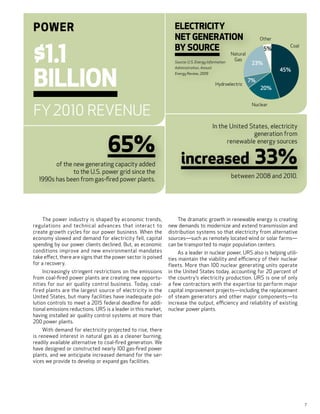 Power                                                             Electricity
                                                                  Net Generation                                   Other



$1.1                                                              By Source                                                  Coal
                                                                                                                    5%
                                                                                                    Natural
                                                                                                     Gas
                                                                  Source: U.S. Energy Information             23%



Billion
                                                                  Administration, Annual
                                                                                                                           45%
                                                                  Energy Review, 2009

                                                                                                              7%
                                                                                            Hydroelectric
                                                                                                                   20%



FY 2010 Revenue
                                                                                                               Nuclear



                                                                                           In the United States, electricity


                                  65%
                                                                                                          generation from
                                                                                                 renewable energy sources


        of the new generating capacity added                         increased                                  33%
               to the U.S. power grid since the
                                                                                                    between 2008 and 2010.
  1990s has been from gas-fired power plants.




     The power industry is shaped by economic trends,              The dramatic growth in renewable energy is creating
regulations and technical advances that interact to            new demands to modernize and extend transmission and
create growth cycles for our power business. When the          distribution systems so that electricity from alternative
economy slowed and demand for electricity fell, capital        sources—such as remotely located wind or solar farms—
spending by our power clients declined. But, as economic       can be transported to major population centers.
conditions improve and new environmental mandates                   As a leader in nuclear power, URS also is helping utili-
take effect, there are signs that the power sector is poised   ties maintain the viability and efficiency of their nuclear
for a recovery.                                                fleets. More than 100 nuclear generating units operate
     Increasingly stringent restrictions on the emissions      in the United States today, accounting for 20 percent of
from coal-fired power plants are creating new opportu-         the country’s electricity production. URS is one of only
nities for our air quality control business. Today, coal-      a few contractors with the expertise to perform major
fired plants are the largest source of electricity in the      capital improvement projects—including the replacement
United  States, but many facilities have inadequate pol-       of steam generators and other major components—to
lution controls to meet a 2015 federal deadline for addi-      increase the output, efficiency and reliability of existing
tional emissions reductions. URS is a leader in this market,   nuclear power plants.
having installed air quality control systems at more than
200 power plants.
     With demand for electricity projected to rise, there
is renewed interest in natural gas as a cleaner burning,
readily available alternative to coal-fired generation. We
have designed or constructed nearly 100 gas-fired power
plants, and we anticipate increased demand for the ser-
vices we provide to develop or expand gas facilities.




                                                                                                                                    7
 