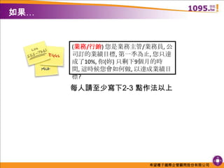 如果…(業務/行銷) 您是業務主管/業務員, 公司訂的業績目標, 第一季為止, 您只達成了10%, 你(妳) 只剩下9個月的時間, 這時候您會如何做, 以達成業績目標? 每人請至少寫下2-3 點作法以上