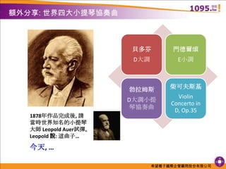 額外分享: 世界四大小提琴協奏曲1878年作品完成後, 請當時世界知名的小提琴大師 Leopold Auer試彈。Leopold 說: 這曲子…今天, …