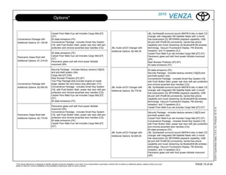 2010
                                                  Options*                                                                                                                                             VENZA

                                               Carpet Floor Mats 5-pc set includes Cargo Mat [27]                                                                                JBL Synthesis® surround sound AM/FM 6-disc in-dash CD
                                               (CF)                                                                                                                              changer with integrated XM Satellite Radio with 3-month
  Convenience Package with                     50 state emissions (FE)                                                                                                           trial subscription [3], MP3/WMA playback capability, USB
  Additional Options: $1,129.00                Convenience Package - includes Smart Key System                                                                                   [4] port with iPod® [5] connectivity, hands-free phone
                                               [15] with Push Button Start, power rear door with jam                                                                             capability and music streaming via Bluetooth® [6] wireless
                                               protection and chrome-accented door handles (CQ)                                 JBL Audio w/CD Changer with                      technology, Vacuum Fluorescent Display, FM diversity
                                                                                                                                Additional Options: $2,484.00                    reception, and 13 speakers (EJ)
                                               50 state emissions (FE)                                                                                                           Carpet Floor Mats 5-pc set includes Cargo Mat [27] (CF)
                                               Carpet Floor Mats 5-pc set includes Cargo Mat [27]                                                                                Panoramic glass roof with front power tilt/slide moonroof
  Panoramic Glass Roof with
                                               (CF)                                                                                                                              (SR)
  Additional Options: $1,319.00                Panoramic glass roof with front power tilt/slide                                                                                  Rear Bumper Protector [27] (EF)
                                               moonroof (SR)                                                                                                                     50 state emissions (FE)

                                               Security Package - includes backup camera [14][23]                                                                                50 state emissions (FE)
                                               and anti-theft system (SA)                                                                                                        Security Package - includes backup camera [14][23] and
                                               Cargo Net [27] (GN)                                                                                                               anti-theft system (SA)
                                               Rear Bumper Protector [27] (EF)                                                                                                   Convenience Package - includes Smart Key System [15]
                                               Tow Prep Package [24]-includes engine oil cooler,                                                                                 with Push Button Start, power rear door with jam protection
  Convenience Package with                     larger radiator fan and heavy-duty alternator (TO)                                                                                and chrome-accented door handles (CQ)
  Additional Options: $2,055.00                Convenience Package - includes Smart Key System                                  JBL Audio w/CD Changer with                      JBL Synthesis® surround sound AM/FM 6-disc in-dash CD
                                               [15] with Push Button Start, power rear door with jam                                                                             changer with integrated XM Satellite Radio with 3-month
                                                                                                                                Additional Options: $2,779.00
                                               protection and chrome-accented door handles (CQ)                                                                                  trial subscription [3], MP3/WMA playback capability, USB
                                               Carpet Floor Mats 5-pc set includes Cargo Mat [27]                                                                                [4] port with iPod® [5] connectivity, hands-free phone
                                               (CF)                                                                                                                              capability and music streaming via Bluetooth® [6] wireless
                                               50 state emissions (FE)                                                                                                           technology, Vacuum Fluorescent Display, FM diversity
                                                                                                                                                                                 reception, and 13 speakers (EJ)
                                               Panoramic glass roof with front power tilt/slide                                                                                  Carpet Floor Mats 5-pc set includes Cargo Mat [27] (CF)




                                                                                                                                                                                                                                                © 2010 Toyota Motor Sales, U.S.A., Inc. Produced 02.10.10
                                               moonroof (SR)
                                               Convenience Package - includes Smart Key System                                                                                   Security Package - includes backup camera [14][23] and
  Panoramic Glass Roof with                    [15] with Push Button Start, power rear door with jam                                                                             anti-theft system (SA)
  Additional Options: $2,179.00                protection and chrome-accented door handles (CQ)                                                                                  Carpet Floor Mats 5-pc set includes Cargo Mat [27] (CF)
                                               50 state emissions (FE)                                                                                                           Convenience Package - includes Smart Key System [15]
                                               Carpet Floor Mats 5-pc set includes Cargo Mat [27]                                                                                with Push Button Start, power rear door with jam protection
                                               (CF)                                                                                                                              and chrome-accented door handles (CQ)
                                                                                                                                                                                 50 state emissions (FE)
                                                                                                                                JBL Audio w/CD Changer with                      JBL Synthesis® surround sound AM/FM 6-disc in-dash CD
                                                                                                                                Additional Options: $3,829.00                    changer with integrated XM Satellite Radio with 3-month
                                                                                                                                                                                 trial subscription [3], MP3/WMA playback capability, USB
                                                                                                                                                                                 [4] port with iPod® [5] connectivity, hands-free phone
                                                                                                                                                                                 capability and music streaming via Bluetooth® [6] wireless
                                                                                                                                                                                 technology, Vacuum Fluorescent Display, FM diversity
                                                                                                                                                                                 reception, and 13 speakers (EJ)
                                                                                                                                                                                 Panoramic glass roof with front power tilt/slide moonroof
                                                                                                                                                                                 (SR)


*This vehicle eBrochure is designed to identify vehicles commonly available in your area. If you would prefer to purchase a vehicle with no options or additional options, please contact your local                            PAGE 10 of 24
dealer to check for current availability or the possibility of placing an order for such a vehicle.
 