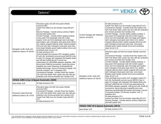 2010
                                                  Options*                                                                                                                                             VENZA

                                               Panoramic glass roof with front power tilt/slide                                                                                  50 state emissions (FE)
                                               moonroof (SR)                                                                                                                     Carpet Floor Mats 5-pc set includes Cargo Mat [27] (CF)
                                               Carpet Floor Mats 5-pc set includes Cargo Mat [27]                                                                                Convenience Package - includes Smart Key System [15]
                                               (CF)                                                                                                                              with Push Button Start, power rear door with jam protection
                                               Security Package - includes backup camera [14][23]                                                                                and chrome-accented door handles (CQ)
                                               and anti-theft system (SA)                                                                                                        Comfort Package - includes leather seating surfaces, 4-
                                                                                                                                Comfort Package with Additional
                                               Comfort Package - includes leather seating surfaces,                                                                              way power front passenger seat with lumbar support,
                                               4-way power front passenger seat with lumbar                                     Options: $3,229.00                               driver and front passenger seat multi-stage seat heaters,
                                               support, driver and front passenger seat multi-stage                                                                              satin mahogany wood-grain-style interior trim, leather-
                                               seat heaters, satin mahogany wood-grain-style interior                                                                            wrapped steering wheel, leather-wrapped shift knob with
                                               trim, leather-wrapped steering wheel, leather-wrapped                                                                             satin mahogany wood-grain-style inlay, color-keyed
                                               shift knob with satin mahogany wood-grain-style inlay,                                                                            foldable power heated outside mirrors and windshield
                                               color-keyed foldable power heated outside mirrors and                                                                             wiper de-icer (LS)
  Navigation w/JBL Audio with
                                               windshield wiper de-icer (LS)
  Additional Options: $7,429.00                50 state emissions (FE)                                                                                                           Panoramic glass roof with front power tilt/slide moonroof
                                               Voice-activated touch-screen DVD navigation system                                                                                (SR)
                                               [7] with JBL Synthesis® surround sound AM/FM 4-disc                                                                               Convenience Package - includes Smart Key System [15]
                                               in-dash CD changer with integrated XM Satellite Radio                                                                             with Push Button Start, power rear door with jam protection
                                               and XM NavTraffic® [8] with 3-month trial                                                                                         and chrome-accented door handles (CQ)
                                               subscriptions [3], MP3/WMA playback capability, USB                                                                               Comfort Package - includes leather seating surfaces, 4-
                                               [4] port with iPod® [5] connectivity, hands-free phone                                                                            way power front passenger seat with lumbar support,
                                               capability and music streaming via Bluetooth® [6]                                                                                 driver and front passenger seat multi-stage seat heaters,
                                               wireless technology, Vacuum Fluorescent Display, FM                                                                               satin mahogany wood-grain-style interior trim, leather-
                                               diversity reception, and 13 speakers (NV)                                                                                         wrapped steering wheel, leather-wrapped shift knob with
                                               Convenience Package - includes Smart Key System                                                                                   satin mahogany wood-grain-style inlay, color-keyed
                                               [15] with Push Button Start, power rear door with jam                                                                             foldable power heated outside mirrors and windshield
                                               protection and chrome-accented door handles (CQ)                                 Navigation w/JBL Audio with                      wiper de-icer (LS)




                                                                                                                                                                                                                                               © 2010 Toyota Motor Sales, U.S.A., Inc. Produced 02.10.10
                                                                                                                                Additional Options: $7,429.00                    Voice-activated touch-screen DVD navigation system [7]
  VENZA AWD 4-Cyl. 6-Speed Automatic (2820)                                                                                                                                      with JBL Synthesis® surround sound AM/FM 4-disc in-
                                                                                                                                                                                 dash CD changer with integrated XM Satellite Radio and
  Base Model: $.00                             50 state emissions (FE)
                                                                                                                                                                                 XM NavTraffic® [8] with 3-month trial subscriptions [3],
                                                                                                                                                                                 MP3/WMA playback capability, USB [4] port with iPod® [5]
                                               Panoramic glass roof with front power tilt/slide
                                                                                                                                                                                 connectivity, hands-free phone capability and music
                                               moonroof (SR)
                                                                                                                                                                                 streaming via Bluetooth® [6] wireless technology, Vacuum
                                               Convenience Package - includes Smart Key System
                                                                                                                                                                                 Fluorescent Display, FM diversity reception, and 13
  Panoramic Glass Roof with                    [15] with Push Button Start, power rear door with jam
                                                                                                                                                                                 speakers (NV)
  Additional Options: $2,179.00                protection and chrome-accented door handles (CQ)
                                                                                                                                                                                 50 state emissions (FE)
                                               Carpet Floor Mats 5-pc set includes Cargo Mat [27]
                                                                                                                                                                                 Carpet Floor Mats 5-pc set includes Cargo Mat [27] (CF)
                                               (CF)
                                                                                                                                                                                 Security Package - includes backup camera [14][23] and
                                               50 state emissions (FE)
                                                                                                                                                                                 anti-theft system (SA)

                                                                                                                                VENZA FWD V6 6-Speed Automatic (2812)
                                                                                                                                Base Model: $.00                                 50 state emissions (FE)



*This vehicle eBrochure is designed to identify vehicles commonly available in your area. If you would prefer to purchase a vehicle with no options or additional options, please contact your local                            PAGE 9 of 24
dealer to check for current availability or the possibility of placing an order for such a vehicle.
 