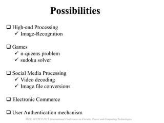 Possibilities
 High-end Processing
 Image-Recognition
 Games
 n-queens problem
 sudoku solver
 Social Media Processing
 Video decoding
 Image file conversions
 Electronic Commerce
 User Authentication mechanism
IEEE, ICCPCT-2015, International Conference on Circuits, Power and Computing Technologies
 