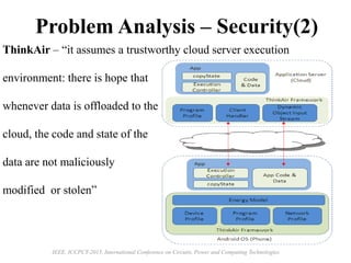 Problem Analysis – Security(2)
ThinkAir – “it assumes a trustworthy cloud server execution
environment: there is hope that
whenever data is offloaded to the
cloud, the code and state of the
data are not maliciously
modified or stolen”
IEEE, ICCPCT-2015, International Conference on Circuits, Power and Computing Technologies
 