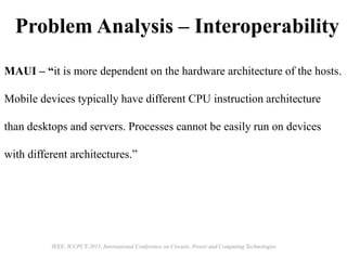 Problem Analysis – Interoperability
MAUI – “it is more dependent on the hardware architecture of the hosts.
Mobile devices typically have different CPU instruction architecture
than desktops and servers. Processes cannot be easily run on devices
with different architectures.”
IEEE, ICCPCT-2015, International Conference on Circuits, Power and Computing Technologies
 