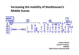 Increasing the mobility of Stockhausen’s 
Mobile Scores 
Lindsay Vickery  
Lecturer in Music,  
WAAPA,  
Edith Cowan University 2010 
 