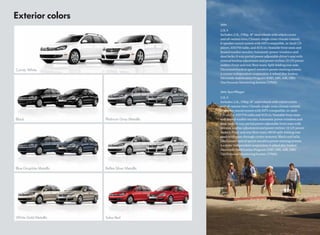 2.5L S
Includes: 2.5L, 170hp, 16" steel wheels with wheel covers
and all-season tires; Climatic single-zone climate control;
8-speaker sound system with MP3 compatible, in-dash CD
player, AM/FM radio, and AUX-in; Heatable front seats and
heated washer nozzles; Automatic power windows and
door locks; 8-way partial power adjustable driver’s seat with
manual lumbar adjustment and power recline; (3) 12V power
outlets; Front and rear ﬂoor mats; Split-folding rear seat;
Electromechanical speed-sensitive power steering system;
4-corner independent suspension; 4-wheel disc brakes;
Electronic Stabilization Program (ESP), ABS, ASR, EBD,
Tire Pressure Monitoring System (TPMS).



2.5L S
Includes: 2.5L, 170hp, 16" steel wheels with wheel covers
and all-season tires; Climatic single-zone climate control;
8-speaker sound system with MP3-compatible, in-dash
CD player, AM/FM radio and AUX-in; Heatable front seats
and heated washer nozzles; Automatic power windows and
door locks; 8-way partial power adjustable front seats with
manual lumbar adjustment and power recline; (3) 12V power
outlets; Front and rear ﬂoor mats; 60/40 split-folding rear
seats with pass-through center armrest; Black roof rails;
Electromechanical speed-sensitive power steering system;
4-corner independent suspension; 4-wheel disc brakes;
Electronic Stabilization Program (ESP), ABS, ASR, EBD,
Tire Pressure Monitoring System (TPMS).
 