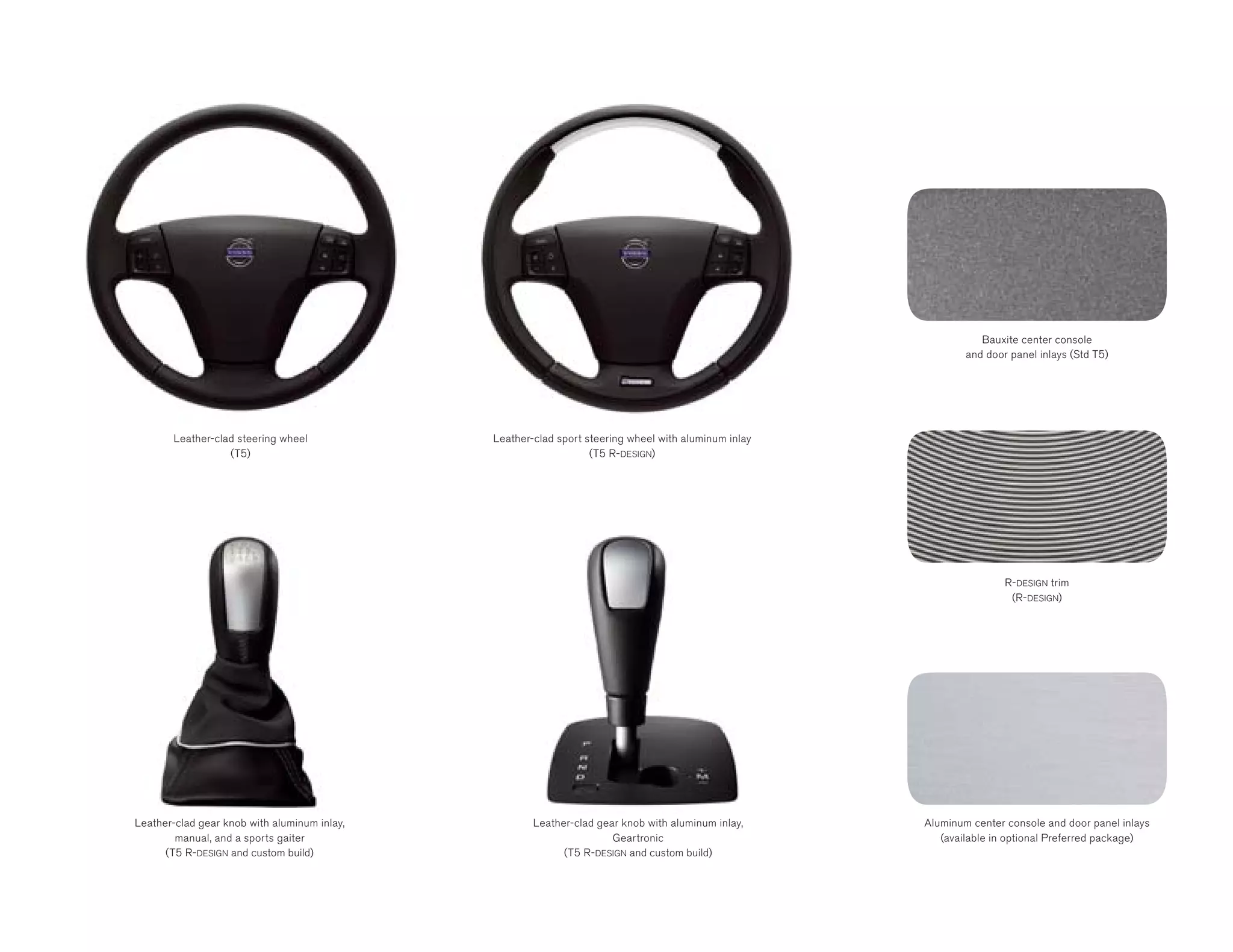 Bauxite center console
                                                                                                              and door panel inlays (Std T5)




       Leather-clad steering wheel            Leather-clad sport steering wheel with aluminum inlay
                  (T5)                                            (T5 R- DESIGN)




                                                                                                                      R- DESIGN trim
                                                                                                                       (R- DESIGN)




Leather-clad gear knob with aluminum inlay,           Leather-clad gear knob with aluminum inlay,     Aluminum center console and door panel inlays
        manual, and a sports gaiter                                   Geartronic                         (available in optional Preferred package)
      (T5 R- DESIGN and custom build)                       (T5 R- DESIGN and custom build)
 