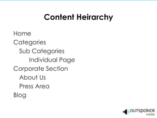 Content Heirarchy Home Categories Sub Categories Individual Page Corporate Section About Us Press Area Blog 