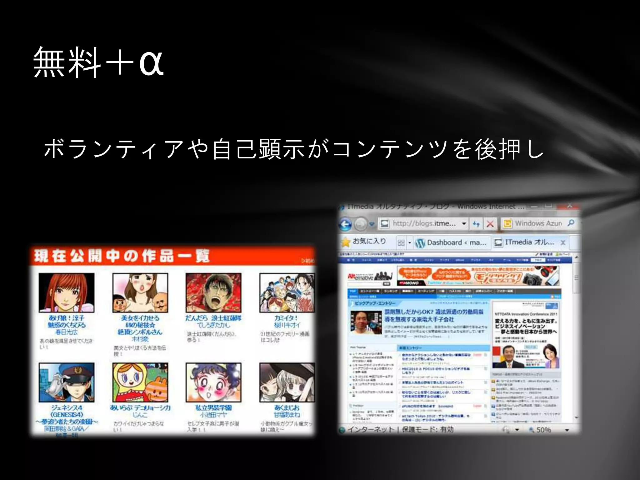 無料＋α

ボランティアや自己顕示がコンテンツを後押し
 