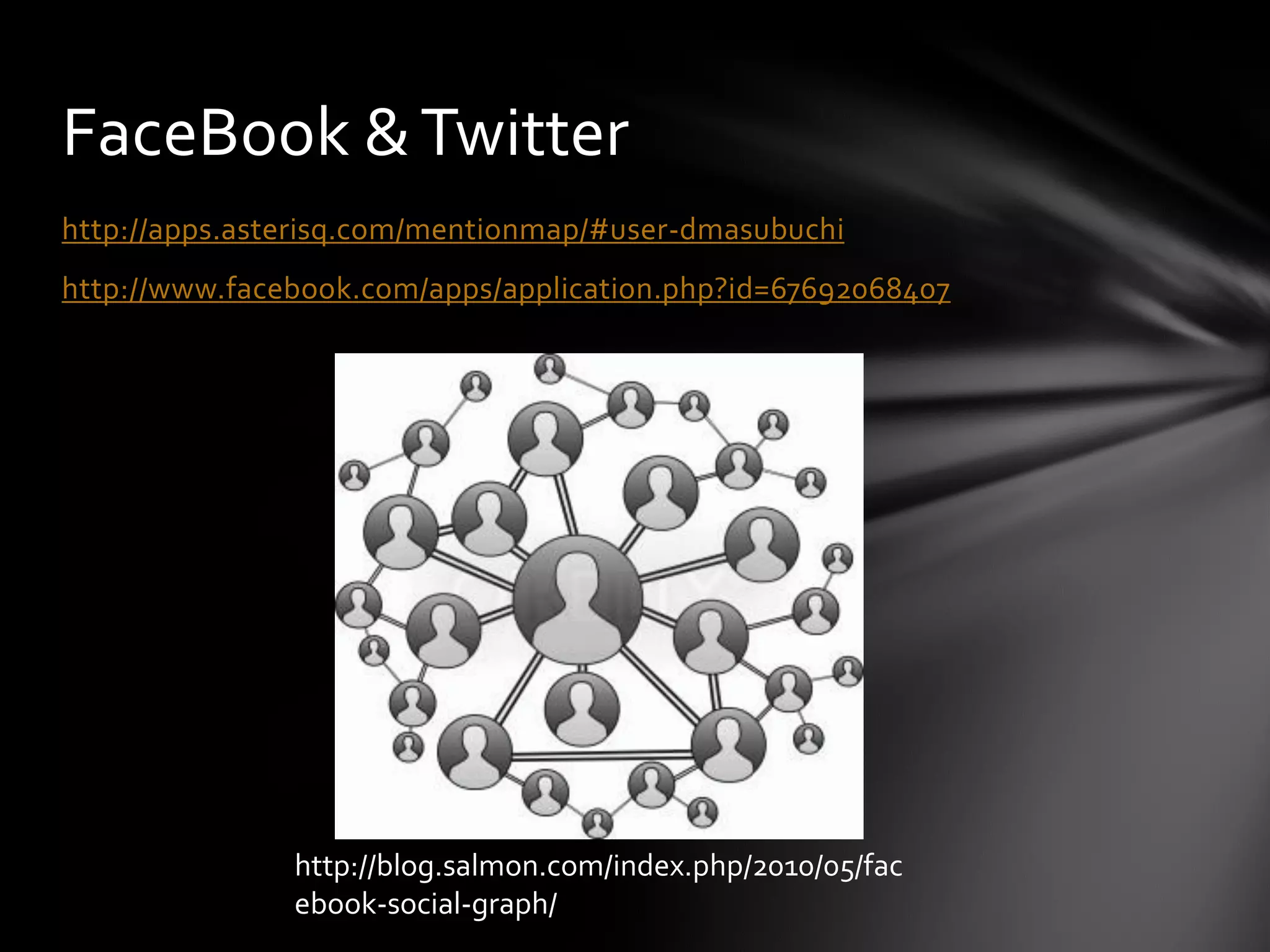 FaceBook & Twitter
http://apps.asterisq.com/mentionmap/#user-dmasubuchi
http://www.facebook.com/apps/application.php?id=67692068407




               http://blog.salmon.com/index.php/2010/05/fac
               ebook-social-graph/
 