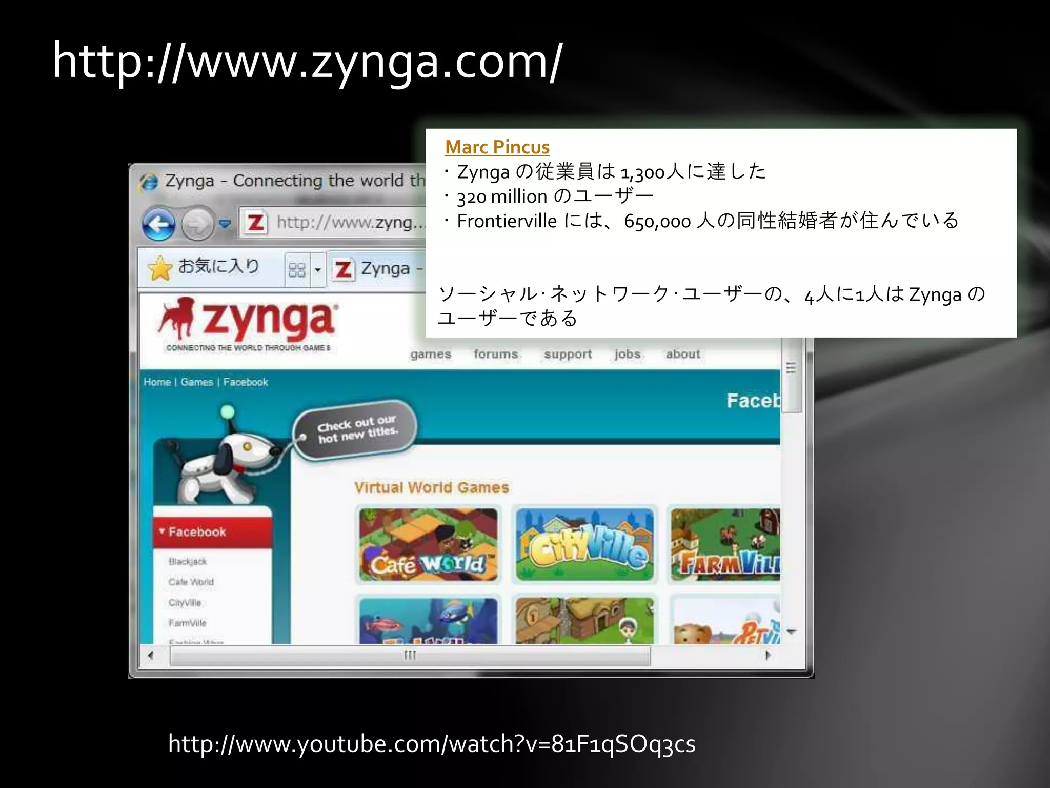 http://www.zynga.com/
                         Marc Pincus
                         ・Zynga の従業員は 1,300人に達した
                         ・320 million のユーザー
                         ・Frontierville には、650,000 人の同性結婚者が住んでいる


                         ソーシャル･ネットワーク･ユーザーの、4人に1人は Zynga の
                         ユーザーである




    http://www.youtube.com/watch?v=81F1qSOq3cs
 
