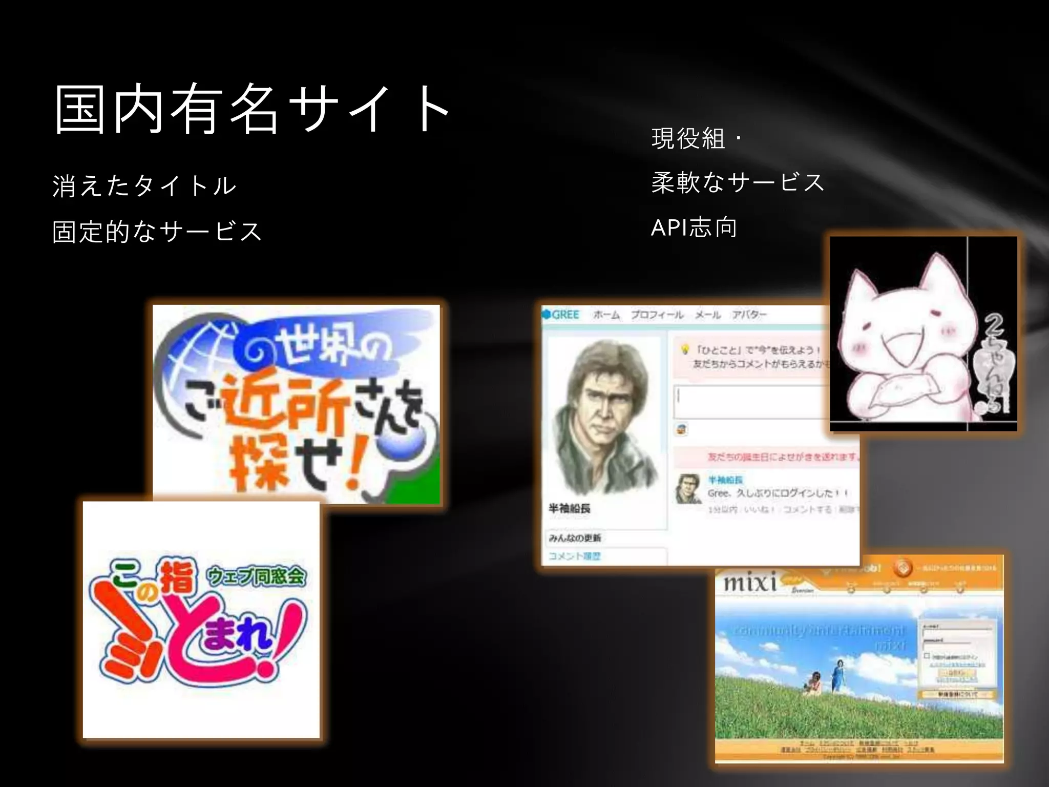 国内有名サイト    現役組・
消えたタイトル    柔軟なサービス

固定的なサービス   API志向
 
