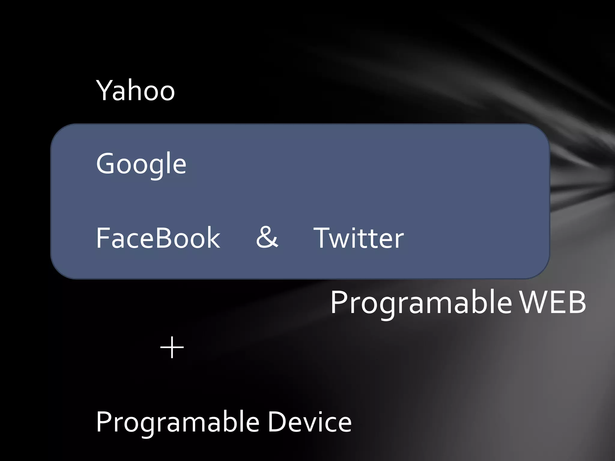Yahoo

Google

FaceBook ＆ Twitter

                Programable WEB
    ＋

Programable Device
 