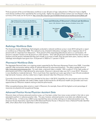 Wisconsin’s Health Care Workforce 2010 Report


Thirty-six percent of the current laboratory workforce is over 50 years of age. Laboratories in Wisconsin have a slightly
more diverse workforce than reported by the nursing study. Eighty-nine percent of these workers are non-Hispanic white. A
summary of this study can be found at: http://www.dhs.wisconsin.gov/hw2020/infrastructure/workforce/clinicallabs.pdf.




Radiology Workforce Data
The American Society of Radiologic Technologists conducted a national workforce survey in June 2010 asking for a report
on workforce as of December 2009. This national survey, directed to laboratory managers, had a response rate of 13
percent (with 51 responses from Wisconsin). Thirty percent of the responding laboratories were in a rural location, 40
percent a suburban location and 30 percent an urban location. Over half (54 percent) indicated that they had no vacant
positions and 46 percent indicated that they had virtually no turnover of staff. Over the past seven years, vacancy rates for
radiologic technologists have gone from 10.8 percent in 2003 to 2.1 percent in 2010.

Pharmacist Workforce Data
The Aggregate Demand Index is an ongoing project supported by the Pharmacy Manpower Project since 2000. It provides
regional, state and practice setting indices of national demand for pharmacist positions. This data is posted online at
http://www.pharmacymanpower.com. For each state, a demand index is created. With a scale of 1.0 for high surplus of
pharmacists and 5.0 for a high demand for pharmacists, Wisconsin’s demand index was 3.67 in June 2010. Wisconsin
is now classified as moderate demand. This is much lower than reported just a year ago (when it was 4.8 and considered
high demand); however, only four states have a higher demand index than Wisconsin at this time.

Concordia University School of Pharmacy admitted its first class in fall 2010. Hopefully, this new program and more than
70 new pharmacy graduates will create a better supply of pharmacists for all Wisconsin health care providers and more
opportunities for Wisconsin students wishing to become pharmacists.

Other occupational group data remains a need in Wisconsin; for example, those with the highest current percentage of
vacancies are physical and occupational therapy.

Advanced Practice Nurse/Physician Assistant Data
Wisconsin does not license advanced practice nurses, so it has been unclear how many nurses worked in that role or were
educated to perform in advance practice roles. This year, however, advanced practice nurse data was collected as part
of the RN Survey. In that survey, 3,802 nurses reported they were currently working as an advanced practice nurse. The
American Nurses Association reports that 2,993 Advanced Practice Nurses in Wisconsin have a National Provider Identifier
(NPI), which allows them to be identified in claims transactions.




Page 9
 