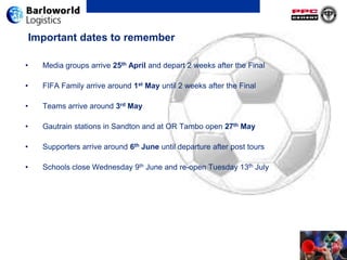Important dates to remember Media groups arrive 25th April and depart 2 weeks after the Final