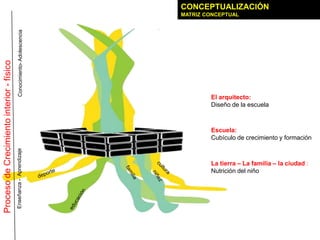CONCEPTUALIZACIÓN
                                                                           MATRIZ CONCEPTUAL
                                              Conocimiento- Adolescencia
Proceso de Crecimiento interior - físico




                                                                                   El arquitecto:
                                                                                   Diseño de la escuela



                                                                                   Escuela:
                                                                                   Cubículo de crecimiento y formación
                                           Enseñanza - Aprendizaje




                                                                                   La tierra – La familia – la ciudad :
                                                                                   Nutrición del niño
 