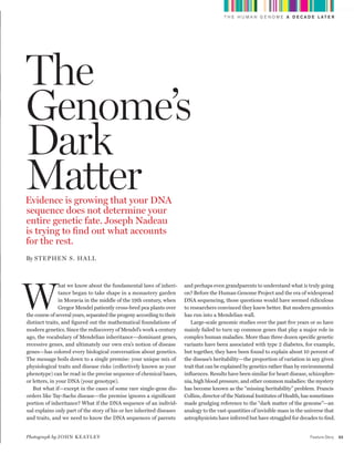 worldmags
                                                                                                      T H E H U M A N G E N O M E A D E C A D E L AT E R




            The
            Genome’s
            Dark
            Matter
            Evidence is growing that your DNA
            sequence does not determine your
            entire genetic fate. Joseph Nadeau
            is trying to find out what accounts
            for the rest.
            By stEphE N s. hAll




        W
                            hat we know about the fundamental laws of inheri-       and perhaps even grandparents to understand what is truly going
                            tance began to take shape in a monastery garden         on? Before the Human Genome Project and the era of widespread
                            in Moravia in the middle of the 19th century, when      DNA sequencing, those questions would have seemed ridiculous
                            Gregor Mendel patiently cross-bred pea plants over      to researchers convinced they knew better. But modern genomics
            the course of several years, separated the progeny according to their   has run into a Mendelian wall.
            distinct traits, and figured out the mathematical foundations of           Large-scale genomic studies over the past five years or so have
            modern genetics. Since the rediscovery of Mendel’s work a century       mainly failed to turn up common genes that play a major role in
            ago, the vocabulary of Mendelian inheritance—dominant genes,            complex human maladies. More than three dozen specific genetic
            recessive genes, and ultimately our own era’s notion of disease         variants have been associated with type 2 diabetes, for example,
            genes—has colored every biological conversation about genetics.         but together, they have been found to explain about 10 percent of
            The message boils down to a single premise: your unique mix of          the disease’s heritability—the proportion of variation in any given
            physiological traits and disease risks (collectively known as your      trait that can be explained by genetics rather than by environmental
            phenotype) can be read in the precise sequence of chemical bases,       influences. Results have been similar for heart disease, schizophre-
            or letters, in your DNA (your genotype).                                nia, high blood pressure, and other common maladies: the mystery
               But what if—except in the cases of some rare single-gene dis-        has become known as the “missing heritability” problem. Francis
            orders like Tay-Sachs disease—the premise ignores a significant         Collins, director of the National Institutes of Health, has sometimes
            portion of inheritance? What if the DNA sequence of an individ-         made grudging reference to the “dark matter of the genome”—an
            ual explains only part of the story of his or her inherited diseases    analogy to the vast quantities of invisible mass in the universe that
            and traits, and we need to know the DNA sequences of parents            astrophysicists have inferred but have struggled for decades to find.


            Photograph by J oh N kE At l E y                                                                                                 Feature Story   53

worldmags
 