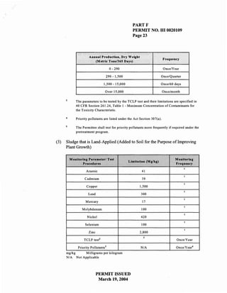 PARTF
                                                  PERMIT NO. ill 0020109
                                                  Page 23



                    Annual Production, Dry Weight
                                                                          Frequency
                       (Metric Tons/365 Days)

                                   0-290                                  OncelYear

                                290 - 1,500                           Once/Quarter

                              1,500 - 15,000                          Once/60 days

                               Over 15,000                                Once/month

           The parameters to be tested by the TCLP test and their limitations are specified in
           40 CFR Section 261.24, Table I - Maximum Concentration of Contaminants for
           the Toxicity Characteristic.

           Priority pollutants are listed under the Act Section 307(a).

           The Permittee shal1 test for priority pol1utants more frequently if required under the
           pretreatment program.


(3)   Sludge that is Land-Applied (Added to Soil for the Purpose of Improving
      Plant Growth)

       Monitoring Parameterl Test                                                Monitoring
                                               Limitation (Mglkg)
              Procedures                                                         Frequency
                                                                                       1
                  Arsenic                                41
                                                                                       1
                 Cadmium                                 39
                                                                                       1
                  Copper                               1,500
                                                                                       1
                   Lead                                 300
                                                                                       1
                 Mercury                                 17
                                                                                       1
               Molybdenum                               100
                                                                                       1
                  Nickel                                420
                                                                                       1
                 Selenium                               100
                                                                                       1
                   Zinc                                2,800
                                                          2
                TCLP test2                                                        OncelYear

            Priority Pollutants]                        N/A                      OnceIYear4
      mg/kg    Milligrams per kilogram
      N/A Not Applicable




                          PERMIT ISSUED
                           March 19,2004
 