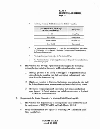 PARTF
                                                            PERMIT NO. HI 0020109
                                                            Page 24



                      Monitoring frequency shall be determined by the following table:


                              Annual Production, Dry Weight
                                                                                    Frequency
                                 (Metric Tons/365 Days)

                                            0-290                                   Once/Year

                                          290 - 1,500                           Once/Quarter

                                        1,500 - 15,000                          Once/60 days

                                         Over 15,000                                Once/month

                     The parameters to be tested by the TCLP test and their limitations are specified in
                     40 CFR Section 261.24, Table 1 - Maximum Concentration of Contaminants for
                     the Toxicity Characteristic.

                3
                     Priority pollutants are listed under the Act Section 307(a).

                4    The Permittee shall test for priority pollutants more frequently if required under the
                     pretreatment program.

     b.   The Permittee shall develop a representative sampling plan for monitoring
          toxics reduction, including the number and location of sampling points.

          (1)   If sludge generated at the facility is land applied or disposed at a surface
                disposal site, the sampling plan shall also include pathogens and vector
                attraction reduction monitoring.

          (2)   If pathogen reduction is determined by time and temperature, the plan shall
                be designed to determine temperatures throughout the batch being treated.

          (3)   If windrow composting is used, temperature shall be measured at least
                once for each 150 feet of windrow, and include measurements at depths of
                12 to 24 inches below the surface.

3.   Requirements for Sludge Disposed of in Municipal Solid Waste Landfills

     a.   The Permittee shall dispose sludge in municipal solid waste landfills that meet
          the requirements of 40 CFR Part 258 and HAR, Chapter 11-58.1.

     b.   Sludge shall not contain "free liquids" as defined by EPA Method 9095 (Paint
          Filter Liquids Test).



                                  PERMIT ISSUED
                                   March 19, 2004
 