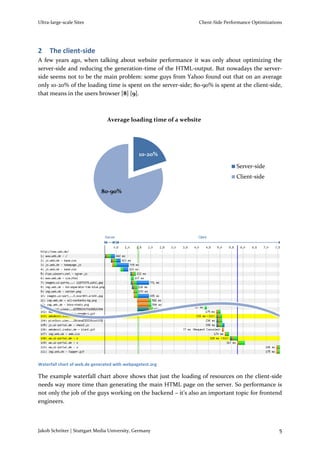Ultra-large-scale Sites                                         Client-Side Performance Optimizations




2    The client-side
A few years ago, when talking about website performance it was only about optimizing the
server-side and reducing the generation-time of the HTML-output. But nowadays the server-
side seems not to be the main problem: some guys from Yahoo found out that on an average
only 10-20% of the loading time is spent on the server-side; 80-90% is spent at the client-side,
that means in the users browser [8] [9].



                                Average loading time of a website




                                               10-20%

                                                                                Server-side
                                                                                Client-side

                             80-90%




                               Server                           Client




Waterfall chart of web.de generated with webpagetest.org

The example waterfall chart above shows that just the loading of resources on the client-side
needs way more time than generating the main HTML page on the server. So performance is
not only the job of the guys working on the backend – it’s also an important topic for frontend
engineers.



Jakob Schröter | Stuttgart Media University, Germany                                               5
 