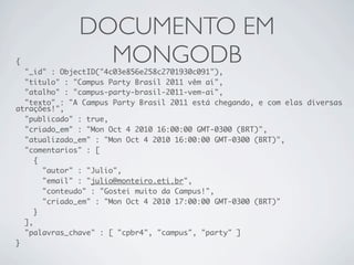 DOCUMENTO EM
{               MONGODB
  "_id" : ObjectID("4c03e856e258c2701930c091"),
  "titulo" : "Campus Party Brasil 2011 vêm aí",
  "atalho" : "campus-party-brasil-2011-vem-ai",
  "texto" : "A Campus Party Brasil 2011 está chegando, e com elas diversas
atrações!",
  "publicado" : true,
  "criado_em" : "Mon Oct 4 2010 16:00:00 GMT-0300 (BRT)",
  "atualizado_em" : "Mon Oct 4 2010 16:00:00 GMT-0300 (BRT)",
  "comentarios" : [
     {
       "autor" : "Julio",
       "email" : "julio@monteiro.eti.br",
       "conteudo" : "Gostei muito da Campus!",
       "criado_em" : "Mon Oct 4 2010 17:00:00 GMT-0300 (BRT)"
     }
  ],
  "palavras_chave" : [ "cpbr4", "campus", "party" ]
}
 