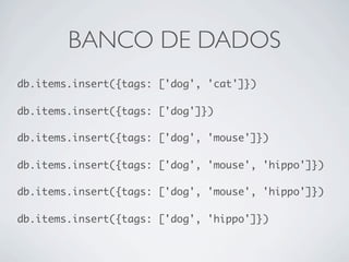 BANCO DE DADOS
db.items.insert({tags: ['dog', 'cat']})

db.items.insert({tags: ['dog']})

db.items.insert({tags: ['dog', 'mouse']})

db.items.insert({tags: ['dog', 'mouse', 'hippo']})

db.items.insert({tags: ['dog', 'mouse', 'hippo']})

db.items.insert({tags: ['dog', 'hippo']})
 