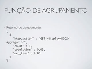 FUNÇÃO DE AGRUPAMENTO

• Retorno do agrupamento:
  [
    {
      "http_action" : "GET /display/DOCS/
  Aggregation",
      "count" : 1,
      "total_time" : 0.05,
      "avg_time" : 0.05
    }
  ]
 