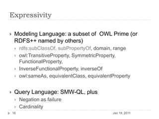 Expressivity<br />Modeling Language: a subset of  OWL Prime (or RDFS++ named by others)<br />rdfs:subClassOf, subPropertyO...