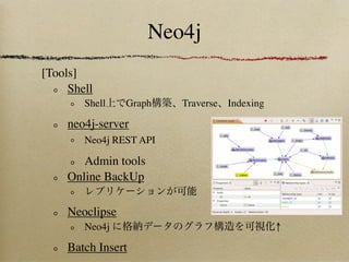 Neo4j
[Tools]
     Shell
        Shell    Graph   Traverse Indexing

     neo4j-server
        Neo4j REST API

        Admin tools
     Online BackUp

     Neoclipse
        Neo4j                                ↑

     Batch Insert
 