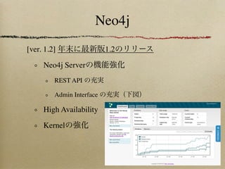 Neo4j
[ver. 1.2]                 1.2

     Neo4j Server
         REST API

         Admin Interface

     High Availability

     Kernel
 