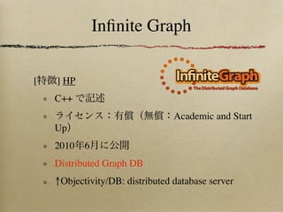 Inﬁnite Graph

[   ] HP
    C++
                                 Academic and Start
    Up
    2010   6
    Distributed Graph DB
    ↑Objectivity/DB: distributed database server
 