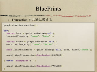 BluePrints
     Transaction
graph.startTransaction();

try{
  Vertex luca = graph.addVertex(null);
  luca.setProperty( "name", "Luca" );

  Vertex marko = graph.addVertex(null);
  marko.setProperty( "name", "Marko" );

  Edge lucaKnowsMarko = graph.addEdge(null, luca, marko,"knows");

  graph.stopTransaction(Conclusion.SUCCESS);

} catch( Exception e ) {

  graph.stopTransaction(Conclusion.FAILURE);
}
 