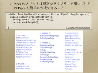 Pipes
        Pipes
public	
  class	
  NumCharsPipe	
  extends	
  AbstractPipe<String,Integer>	
  {
	
  	
  public	
  Integer	
  processNextStart()	
  {
	
  	
  	
  	
  String	
  word	
  =	
  this.starts.next();
	
  	
  	
  	
  return	
  word.length();
	
  	
  }
}                                                          A Graph Processing Stack
 