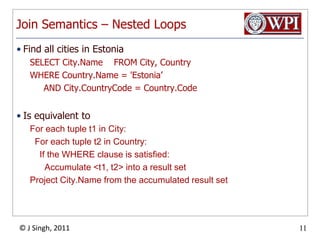 Join Semantics – Nested LoopsFind all cities in EstoniaSELECT City.Name    FROM City, CountryWHERE Country.Name = 'Estonia’ AND City.CountryCode = Country.CodeIs equivalent toFor each tuple t1 in City:  For each tuple t2 in Country:    If the WHERE clause is satisfied:      Accumulate <t1, t2> into a result setProject City.Name from the accumulated result set