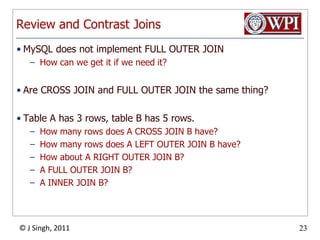 Review and Contrast JoinsMySQL does not implement FULL OUTER JOINHow can we get it if we need it?Are CROSS JOIN and FULL OUTER JOIN the same thing?Table A has 3 rows, table B has 5 rows.How many rows does A CROSS JOIN B have?How many rows does A LEFT OUTER JOIN B have?How about A RIGHT OUTER JOIN B?A FULL OUTER JOIN B?A INNER JOIN B?