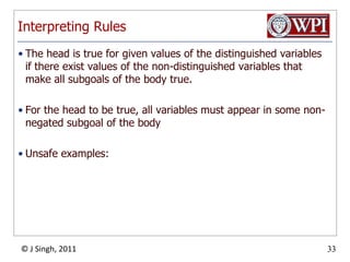 Interpreting RulesThe head is true for given values of the distinguished variables if there exist values of the non-distinguished variables that make all subgoals of the body true.For the head to be true, all variables must appear in some non-negated subgoal of the bodyUnsafe examples: