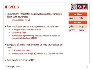 IDB/EDBConvention: Predicates begin with a capital, variables begin with lowercasee.g., Ancestor (x, y)Fact predicates are atoms represented as relationsIf a tuple exists, that fact is trueOtherwise, falseA predicate representing a stored relation is called an extensional database (EDB).Subgoals of a rule may be facts or may themselves be rulesEDB when it is a factIntensional database (IDB) when it is a “derived relation”Rule heads are always IDBs