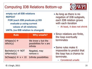 Computing IDB Relations Bottom-upempty out all IDB relationsREPEAT	FOR (each IDB predicate p) DO	    evaluate p using current	        values of all relations;UNTIL (no IDB relation is changed)As long as there is no negation of IDB subgoals, each IDB relation grows with each iterationAt least, it does not shrinkSince relations are finite, the loop eventually terminatesSome rules make it impossible to predict that the loop has a chance to terminate. Considered unsafe