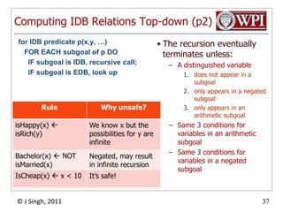 Computing IDB Relations Top-down (p2)for IDB predicate p(x,y, …)	FOR EACH subgoal of p DO	  IF subgoal is IDB, recursive call;	  IF subgoal is EDB, look upThe recursion eventually terminates unless:A distinguished variable does not appear in a subgoalonly appears in a negated subgoalonly appears in an arithmetic subgoalSame 3 conditions for variables in an arithmetic subgoalSame 3 conditions for variables in a negated subgoal
