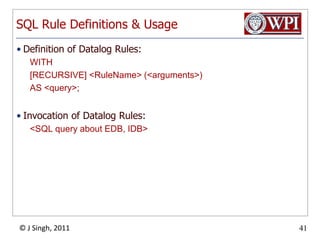 SQL Rule Definitions & UsageDefinition of Datalog Rules:WITH[RECURSIVE] <RuleName> (<arguments>)AS <query>;Invocation of Datalog Rules:<SQL query about EDB, IDB>