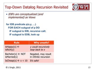 Top-Down Datalog Recursion RevisitedIDB’s are conceptualized (and implemented) as Viewsfor IDB predicate p(x,y, …)	FOR EACH subgoal of p DO	  IF subgoal is IDB, recursive call;	  IF subgoal is EDB, look up