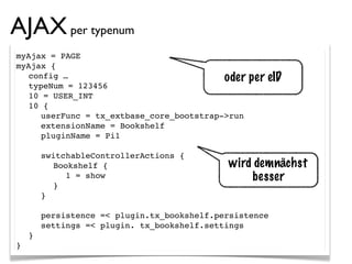 AJAX per typenum
myAjax = PAGE
myAjax {
  config …                                oder   per eID
  typeNum = 123456
  10 = USER_INT
  10 {
     userFunc = tx_extbase_core_bootstrap->run
     extensionName = Bookshelf
     pluginName = Pi1

        switchableControllerActions {
    !   ! Bookshelf {                      wird demnächst
    !   ! ! 1 = show                           besser
    !   ! }
    !   }

    ! persistence =< plugin.tx_bookshelf.persistence
    ! settings =< plugin. tx_bookshelf.settings
    }
}
 