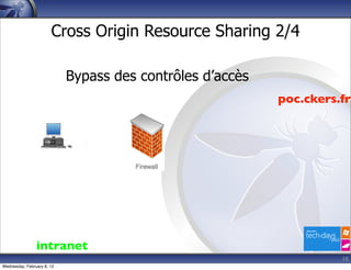 Cross Origin Resource Sharing 2/4

                            Bypass des contrôles d’accès
                                                           poc.ckers.fr




                intranet
                                                                     18
Wednesday, February 8, 12
 